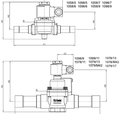 castel 1078/11A6 +9150/R02 Solenoid Valve，1.3/8"-35mm ODS 220-230V<br>PS = 45 bar