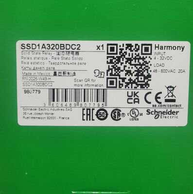 Schneider Electric SSD1A320BDC2 Relè a Stato Solido SSR Montaggio su Guida DIN Corrente di Carico 20A Uscita 48-600V AC Controllo 4-32V DC
